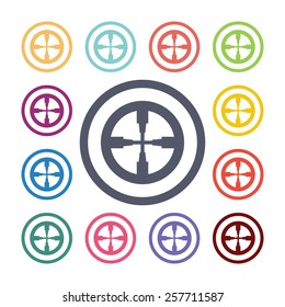 optical sight flat icons set. Open colorful buttons 