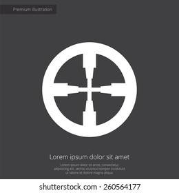optical sight premium illustration icon, isolated, white on dark background, with text elements 