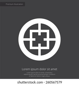 optical sight premium illustration icon, isolated, white on dark background, with text elements 