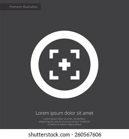 optical sight premium illustration icon, isolated, white on dark background, with text elements 