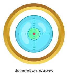 Optical sight vector icon in golden circle, cartoon style isolated on white background