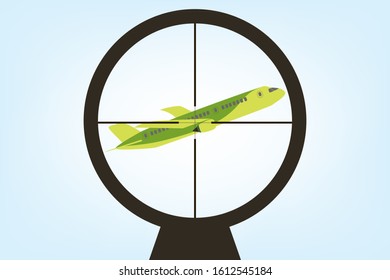 The optical sight of the weapon is aimed at a passenger plane in the sky. Search for a point to fire at a civilian plane. Defeat weapons flying air transport. The potential danger of a plane crash.