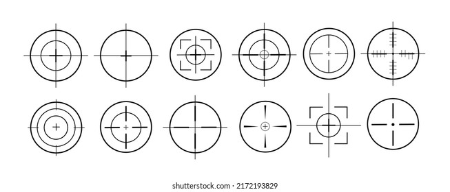 The optical sight of the weapon. Cross icon design for the game. The sniper takes aim. Hunting, gun shooting. A set of simple, black signs on a white background. Vector illustration.
