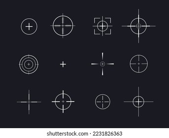 The optical sight of the weapon. Cross icon design for game. The sniper takes aim. Hunting, gun shooting. A set of simple white signs on a black background. Vector illustration.
