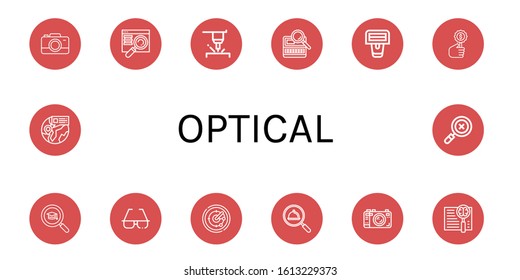 optical simple icons set. Contains such icons as Camera, Searching, Laser, Search, Barcode scanner, Sunglasses, Radar, Find, can be used for web, mobile and logo