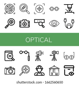 Optical Simple Icons Set. Contains Such Icons As Radar, Search, Camera, Crosshair, Glasses, Eye, Laser, Data Cable, Magnifying Glass, Binoculars, Can Be Used For Web, Mobile And Logo