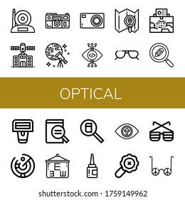 optical simple icons set. Contains such icons as Camera, Planetarium, Discovery, Compact camera, View, Search, Sunglasses, Radar, Barcode scanner, can be used for web, mobile and logo
