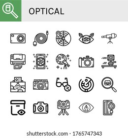 optical simple icons set. Contains such icons as Search, Compact camera, Data cable, Radar, Eye, Telescope, Multifunction printer, Camera, can be used for web, mobile and logo