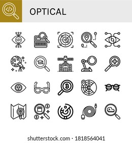 optical simple icons set. Contains such icons as Search, View, Radar, Vision, Discovery, Planetarium, Magnifying glass, Sunglasses, Glasses, can be used for web, mobile and logo