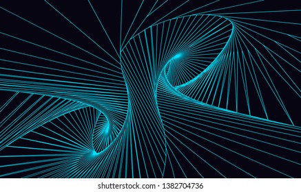 Optical space art object. Spiral blue lines on a black background. Abstract swirl trail or tunnel. Perspective grid background texture. Element of design