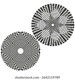 Optical spiral patterns. Abstract vector circles. Hypnotic round designs. Psychedelic graphic elements.