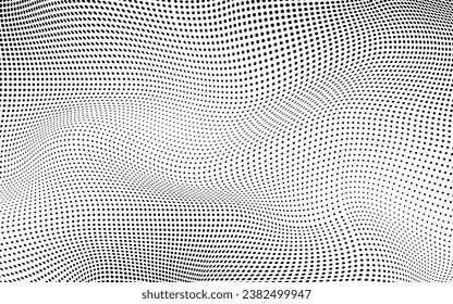 Textura óptica manchada. Efecto de media tonalidad ondulado monocromo. Fondo abstracto con puntos. Patrón de punto de semitono. Banner blanco negro. Huella de arte pop futurista. Ilustración vectorial.