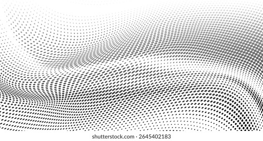 Textura manchada óptica. Monocromo ondulado efecto de medio tono. Fondo Abstractas con puntos. Patrón de punto semitono. Anuncio blanco negro. Impresión futurista del arte pop. Ilustración vectorial.