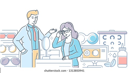 Optical store - modern line design style illustration on white background. Composition male worker helping a female customer to choose glasses, frames, images of contact lenses, accessories, eye chart