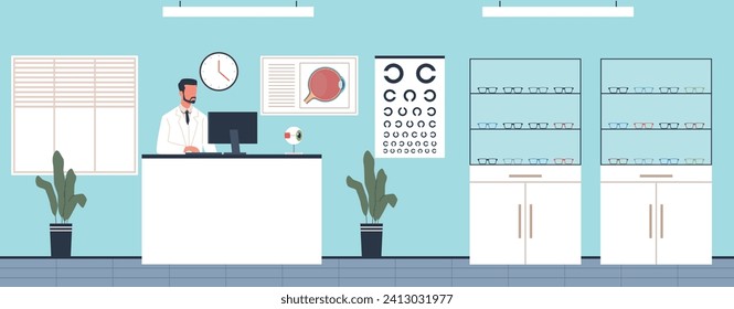 Optical store with trendy glasses on shelf and salesman behind counter. Shop room interior. Fashion eyewear, optometry diagnostic. Eyeglasses on shelves. Cartoon isolated vector concept