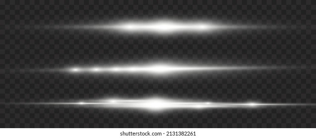Optical sun flash effect. Special line flare light effects for design. Silver glowing lights. Transparent shining sun, bright flash. White horizontal lens flares pack. Laser beams, rays. Vector. 