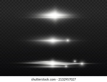 Optical sun flash effect. Special line flare light effects for design. Silver glowing lights. Transparent shining sun, bright flash. White horizontal lens flares pack. Laser beams, rays. Vector. 