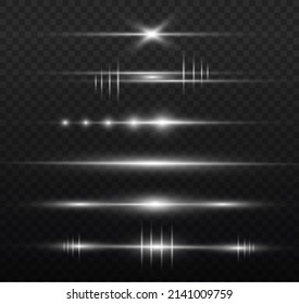 Optical sun flash effect. Special line flare light effects for design. Silver glowing lights. Transparent shining sun, bright flash. White horizontal lens flares pack. Laser beams, rays. Vector. 