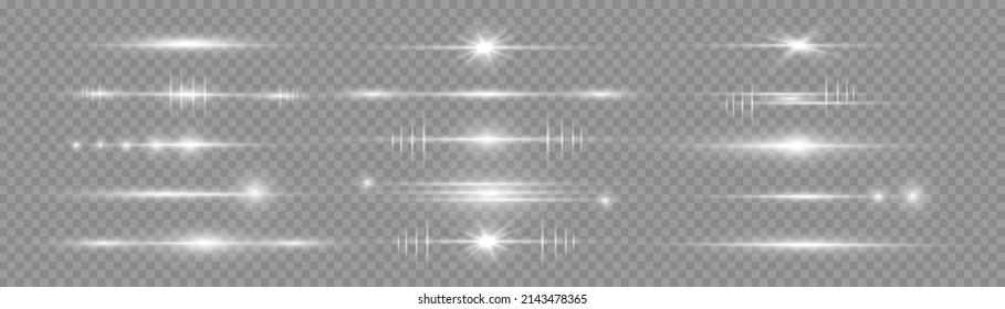Optical sun flash effect. Special line flare light effects for design. Silver glowing lights. Transparent shining sun, bright flash. White horizontal lens flares pack. Laser beams, rays. Vector. 