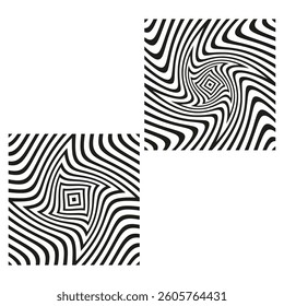 Optical swirl illusion. Square vortex pattern. Twisted stripe vector. Psychedelic abstract background.