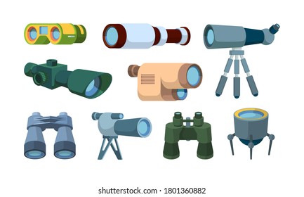Optical telescope. Binoculars for travellers looking items exploration tools vector collection