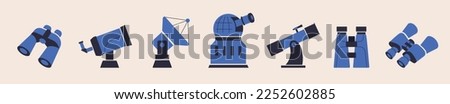 Optical telescopes vector retro set. Astronomy discovery equipment flat icons. Telescope, binoculars, spyglass, observatory illustration. Scientific devices with lenses for observation sky, stars