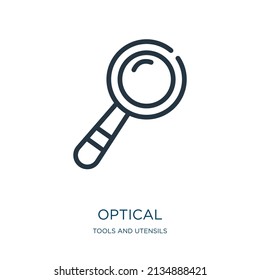 optisches Dünnzeilensymbol. Linse, Sichtlinien-Symbole von Werkzeugen und Utensilien Konzept isolierte Umriss-Zeichen. Vektorgrafik-Symbol-Element für Webdesign und Apps.