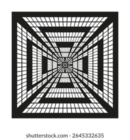 Optical tunnel pattern. Abstract square distortion. Geometric warp design. Monochrome illusion illustration.