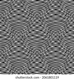 Optisch gezogenes, nahtloses Muster schwarz verzerrter Zickzacklinien. Psychedelische, wiederholbare Textur.