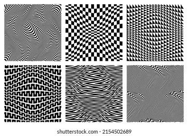 Optical warped seamless patterns set. Geometric black and white fabric swatches design.