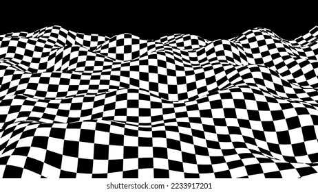 The optical wave of the chessboard. Abstract black and white 3D illusion. Distorted black lines. Broken patterns. Vector illustration. EPS1