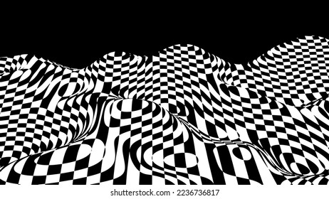 The optical wave of the chessboard. Abstract black and white 3D illusion. Distorted black lines. Broken patterns. Vector illustration. EPS1