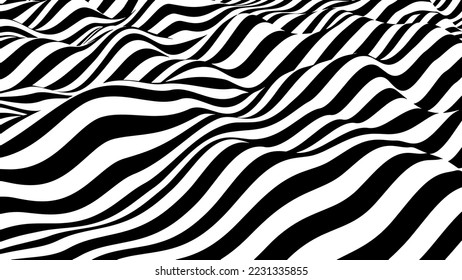 An optical wave of lines. Abstract 3D illusion. Distorted black lines. Watercolor patterns. Vector illustration. EPS10