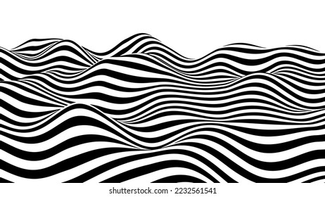 An optical wave of lines. Abstract 3D illusion. Distorted black lines. Watercolor patterns. Vector illustration. EPS10