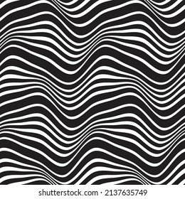 Optical wavy stripes in black and white. Horizontal lines background. Seamless repeating pattern. Vector illustration. Perfect for textile, wrapping, print, web, and all kinds of decorative projects.