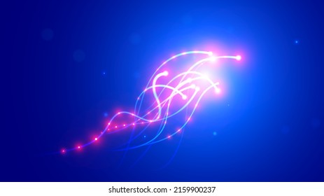 Optical wire line. Traffic of light optic digital signal in cable. Technology of hi speed transfer on optical fiber. Abstract background or banner with quantum beams of internet data in optical fibres