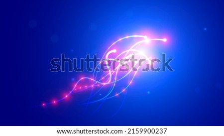Optical wire line. Traffic of light optic digital signal in cable. Technology of hi speed transfer on optical fiber. Abstract background or banner with quantum beams of internet data in optical fibres