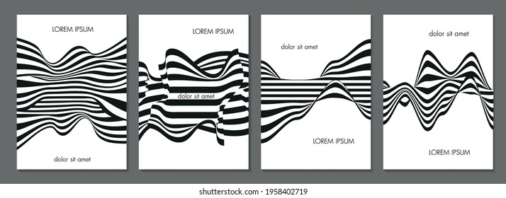 Optical-patterned covers. Optical illusion lines background. Abstract 3d black and white illusions. Conceptual design of optical illusion vector.
