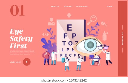 Optician Exam for Glaucoma Treatment Landing Page Template. Ophthalmologist Doctor Character Check Eyesight for Eyeglasses Diopter. Oculist with Checkup Eye Sight. Cartoon People Vector Illustration