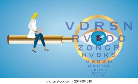 Optician Examination Of Eye And Sight And Reporting. Correct Most Common Font In Examination Chart Used In Illustration; Optician Sans. Dimension 16:9. Vector Illustration.