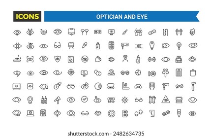 Optician and Eye icons set. Outline icons pack. Editable vector line icon set and illustration for web and UI application.