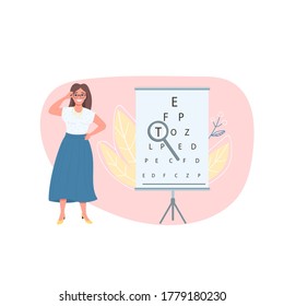 Optician female patient flat color vector detailed character. Visit opthamologist. Medical exam. Check eyesight with chart isolated cartoon illustration for web graphic design and animation