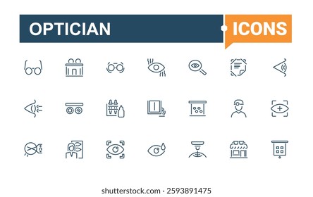 Optician icons set. Contains linear outline icons like glasses, see, health, look, laser, eyeball and more. Simple icon designs. Editable vector stroke.