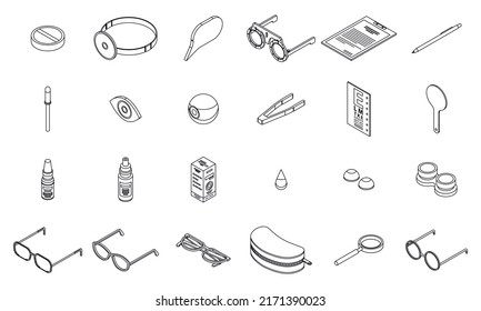 Optician icons set. Isometric set of optician vector icons outline isolated on white background