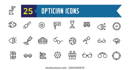 Optician icons set. Outline set of optician vector icons for ui design. Outline icon collection. Editable stroke.