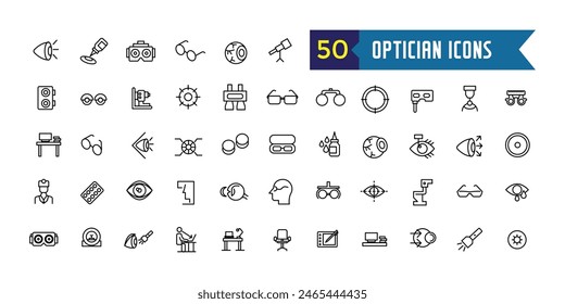 Optician icons set. Outline set of optician vector icons for ui design. Outline icon collection. Editable stroke.