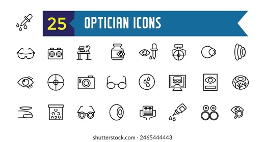 Optician icons set. Outline set of optician vector icons for ui design. Outline icon collection. Editable stroke.