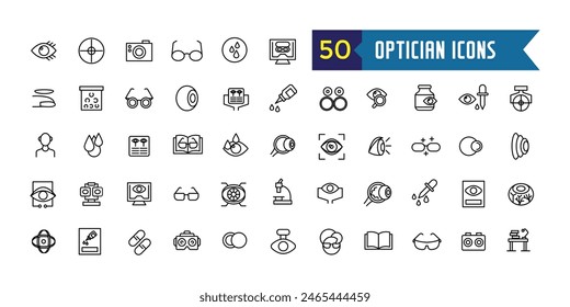 Optician icons set. Outline set of optician vector icons for ui design. Outline icon collection. Editable stroke.
