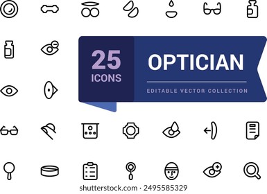 Optician and Optometry, Eye doctor line icons. Medical laser surgery, Optician board, oculist chart. Linear set. Vector Illsutration.