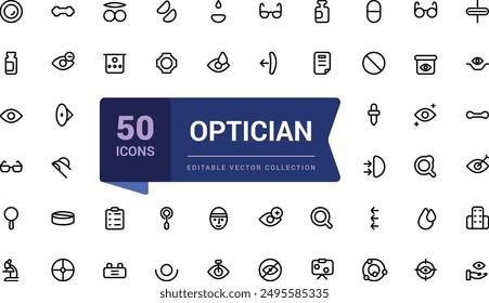 Óptica y Optometría, Iconos de la línea de doctores de ojos. Cirugía láser médica, tabla de óptica, tabla de oftalmología. Conjunto lineal. Ilustración de Vector.